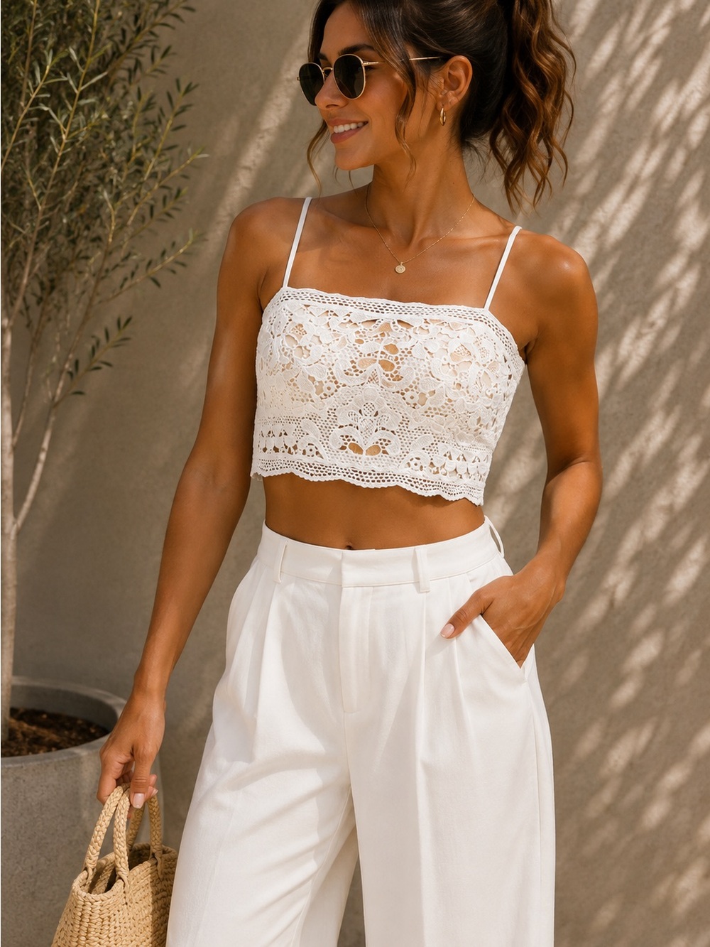 Free People FP One White Crochet Lace Bralette Crop Top Adjustable Straps Boho